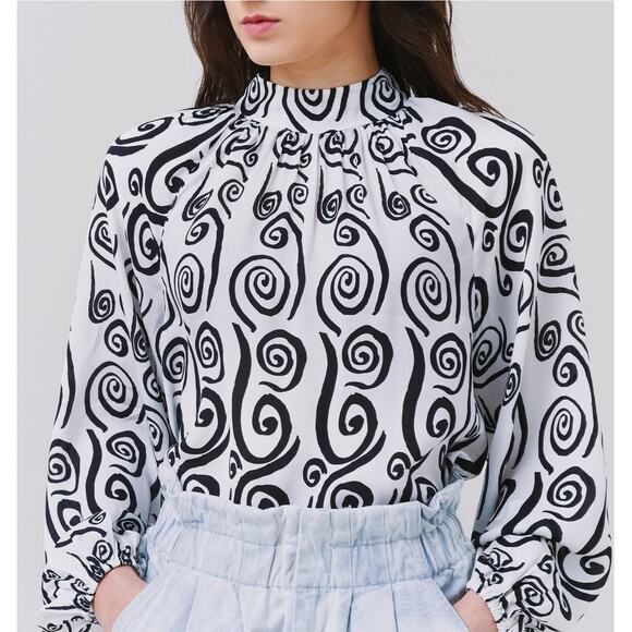 Rhode Harlow Abstract Print Longsleeve Crepe Top White XS Office Business Casual - Picture 1 of 9
